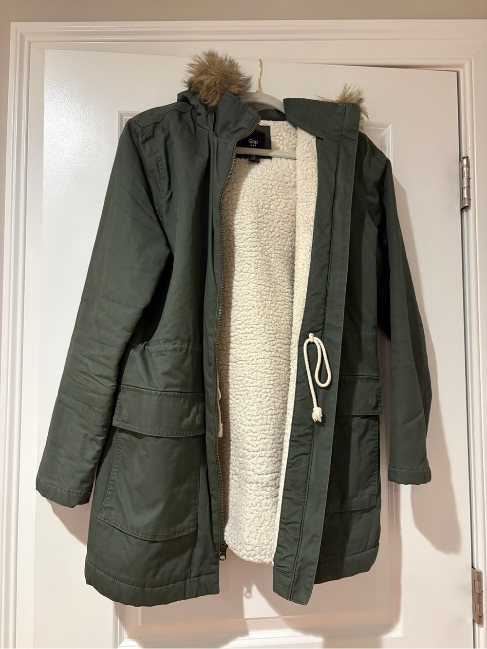 GAP Olive Green Sherpa-Lined Hooded Parka with Faux Fur Trim